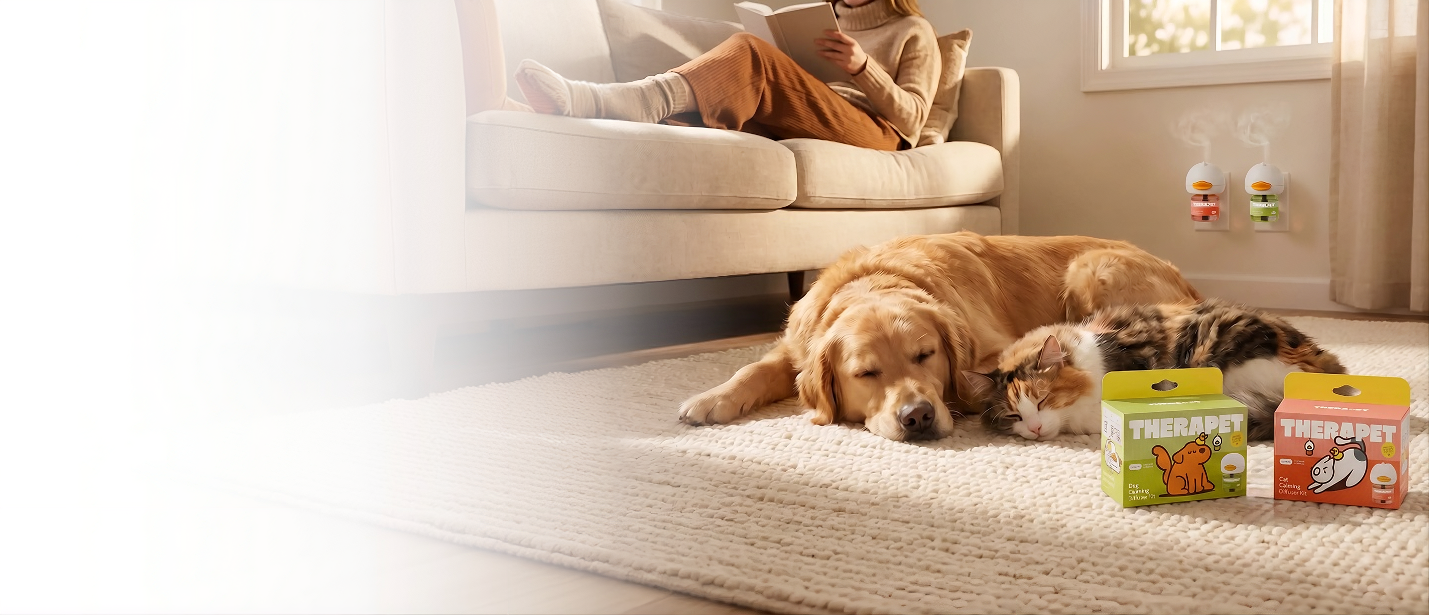 Happy dog beside TheraPet calming diffuser